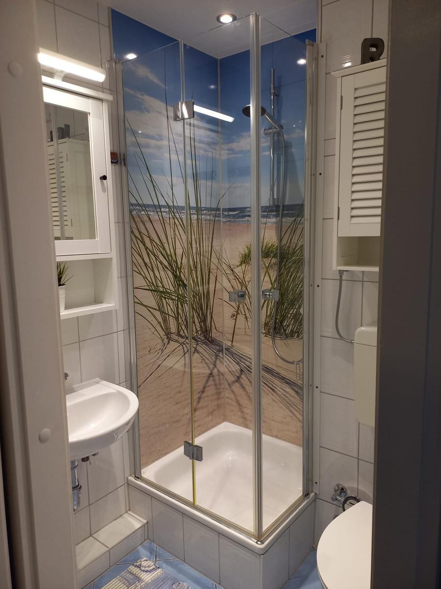 Shower enclosure with beach motif, sink, and toilet in a bathroom.