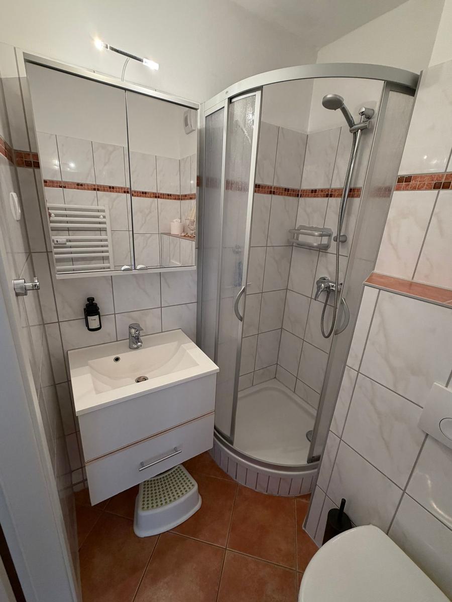 Badezimmer mit Dusche, Waschbecken und Toilette. Fliesen und Spiegelschrank sichtbar.