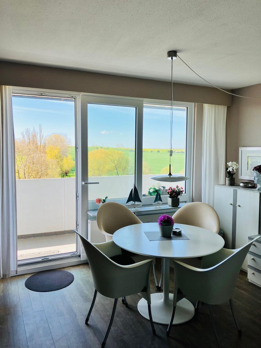 Essbereich mit runder Tisch und vier Stühlen, großes Fenster mit Blick auf Grünfläche.