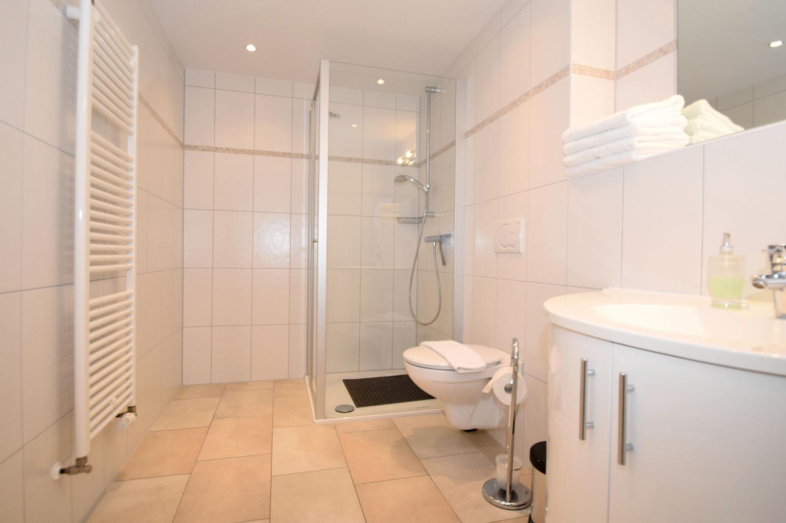 Bathroom with shower, toilet, and sink.