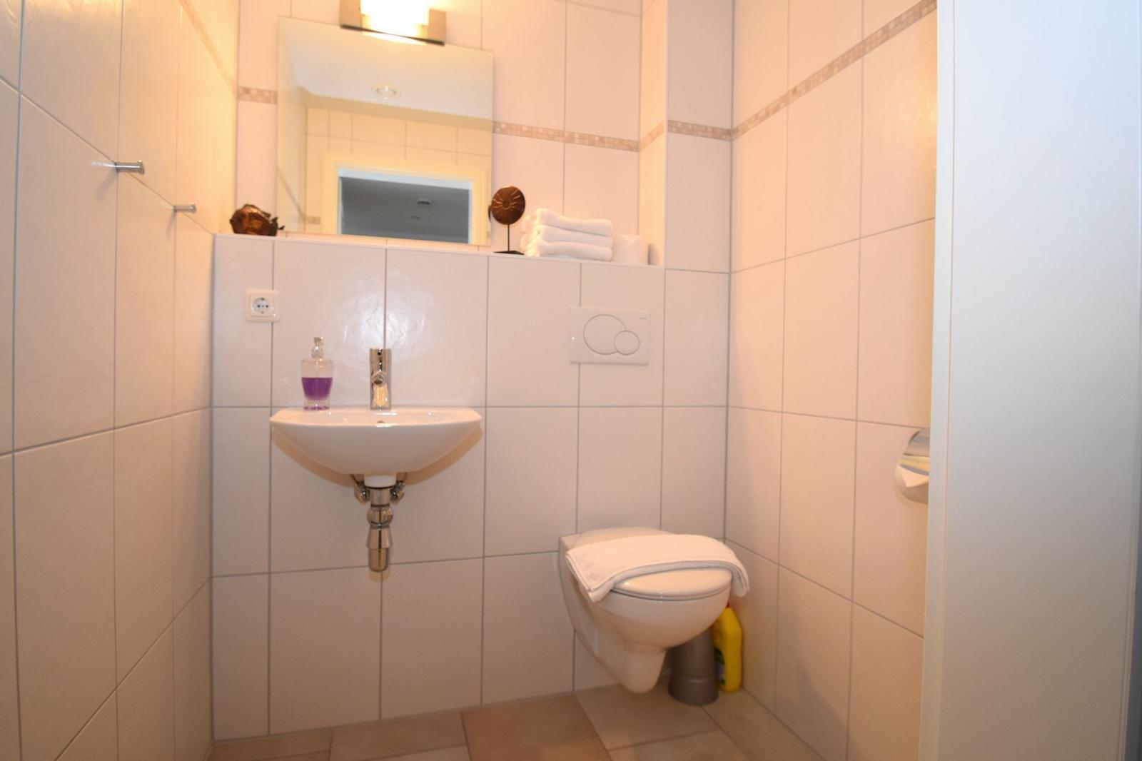 Bathroom with sink, toilet, and mirror on the wall.