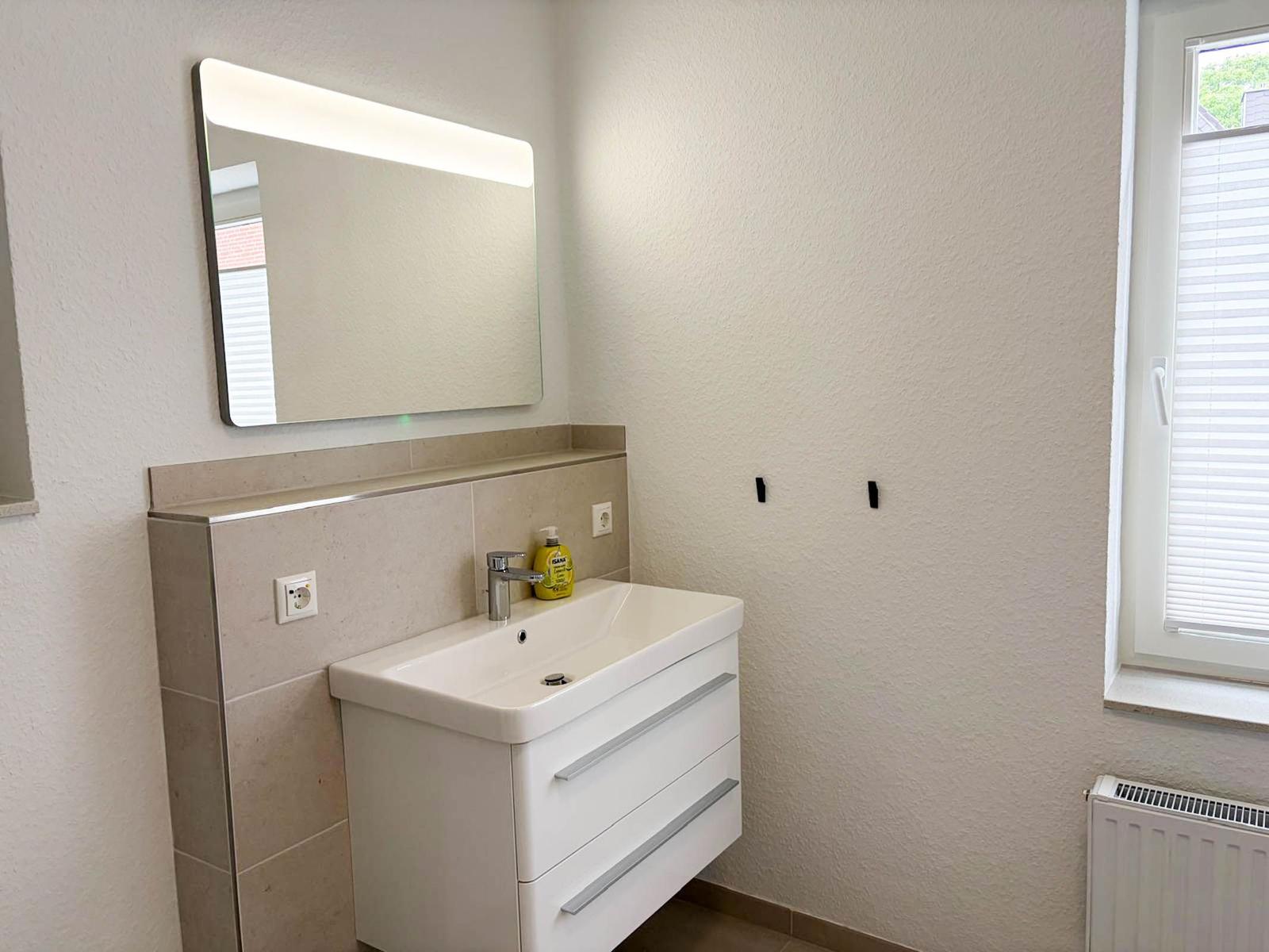 Sink with mirror cabinet and window