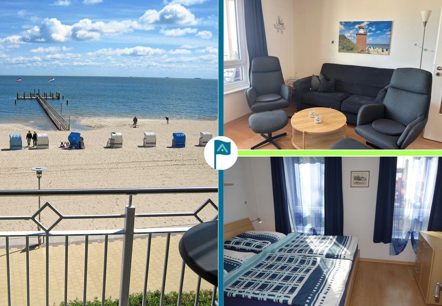 View of beach with pier, living room with sofa and chairs, bedroom with bed and window.
