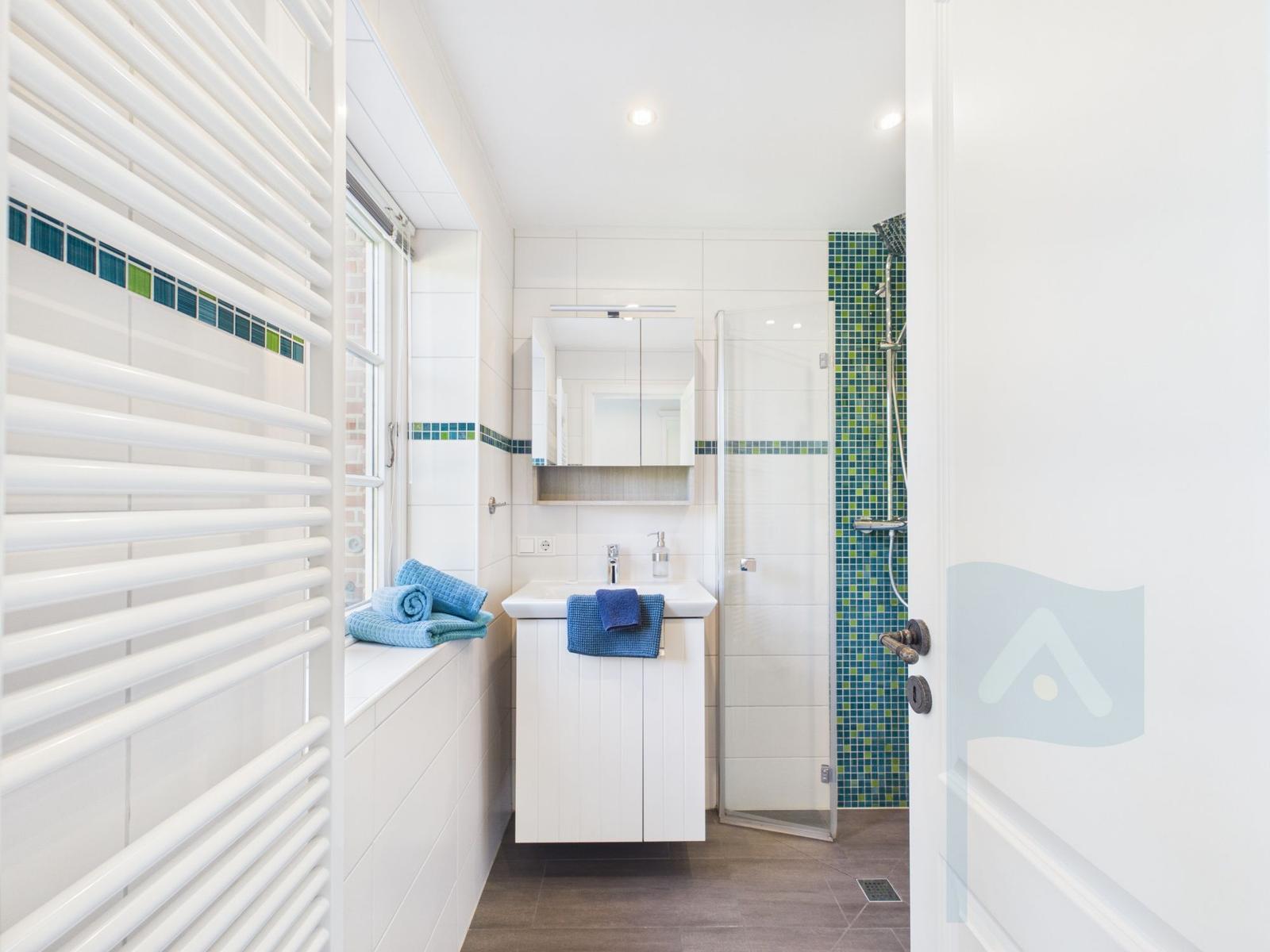 Badezimmer mit Dusche, Waschbecken und Heizkörper. Blaue Handtücher und Mosaikfliesen.