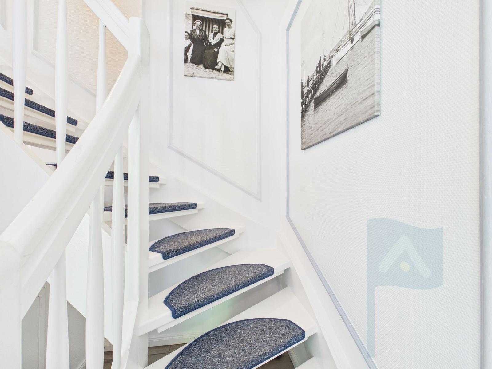 Helle Treppe mit blauen Teppichstufen und Wandbildern.