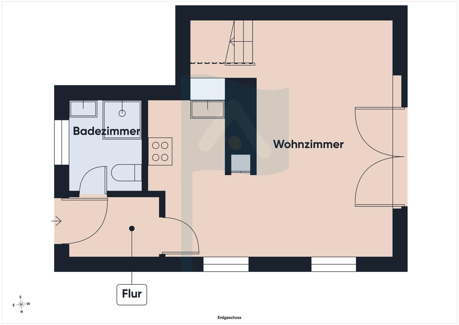 Wohnung mit Wohnzimmer, Badezimmer und Flur im Erdgeschoss.