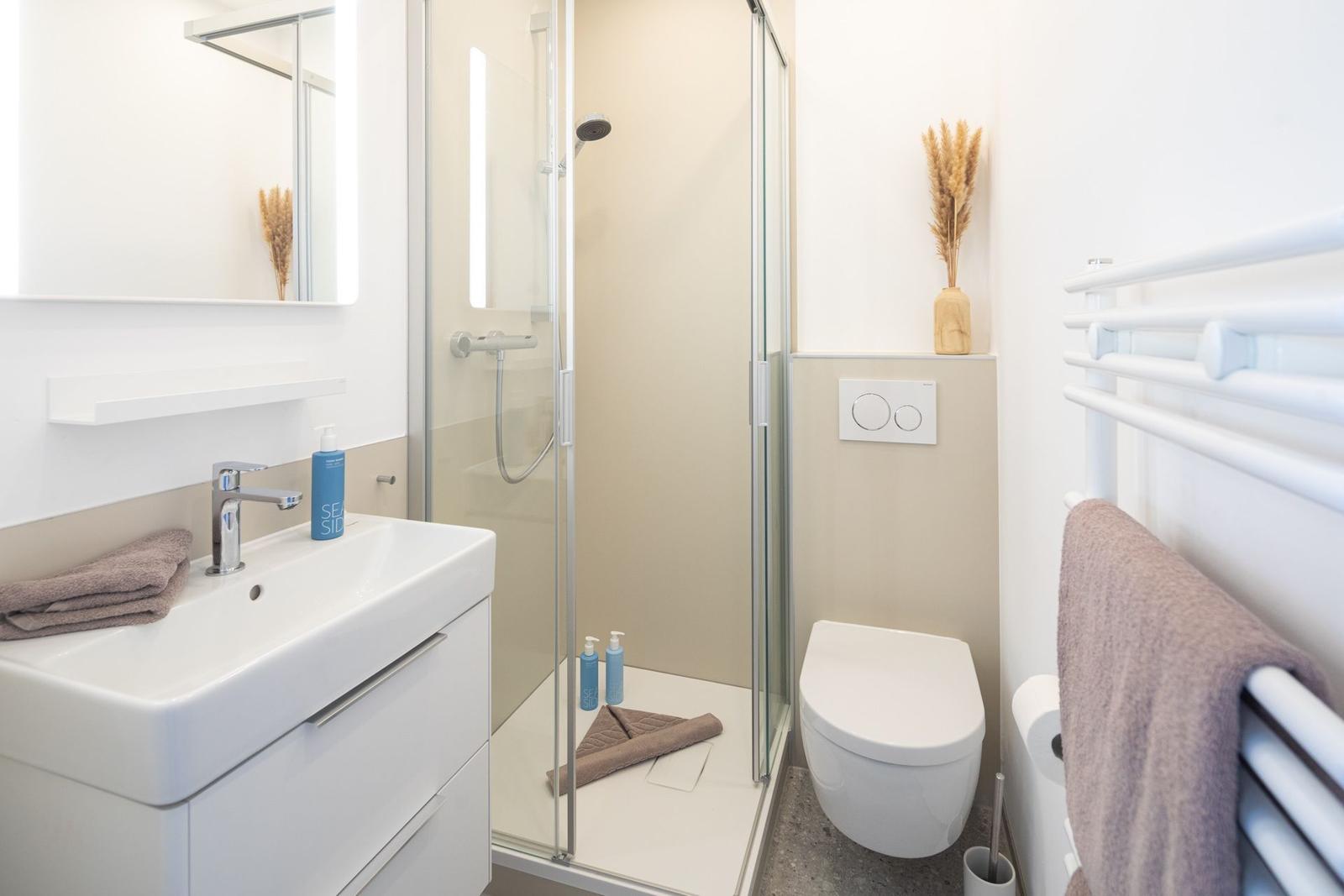 Badezimmer mit Dusche, Waschbecken und Toilette. Handtuchhalter und Spiegel sind vorhanden.