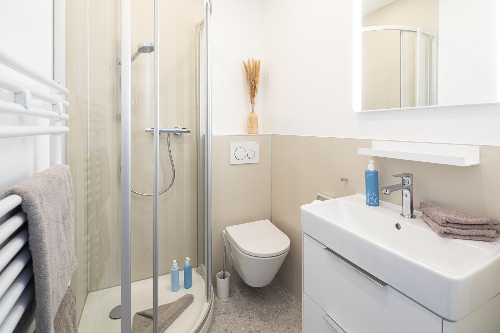 Badezimmer mit Dusche, Toilette und Waschbecken. Dusche mit Handbrause und Heizkörper.