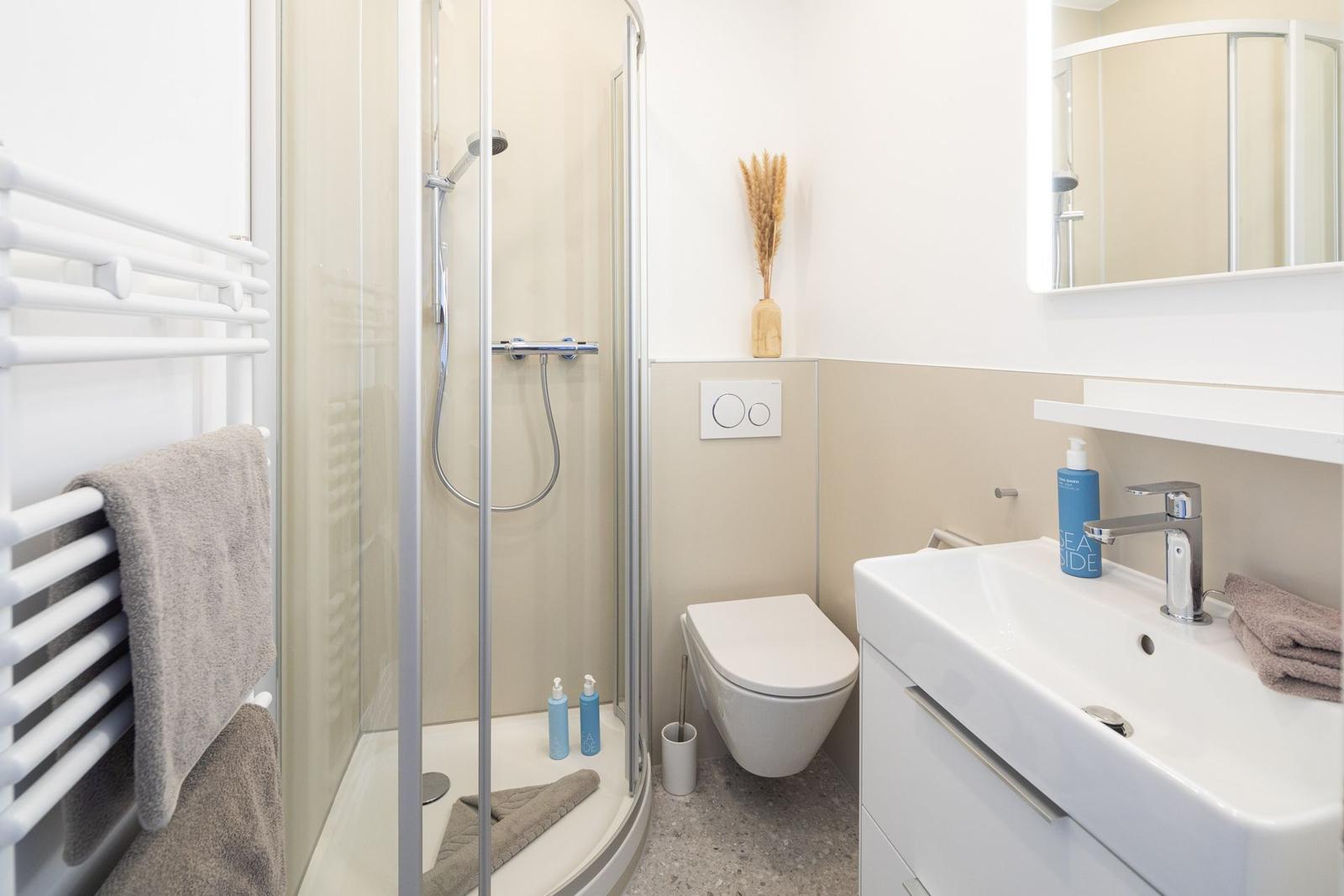 Badezimmer mit Dusche, Toilette und Waschbecken. Handtuchhalter, Spiegel und Duschgel sind vorhanden.