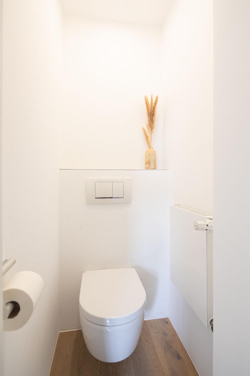 Toilettenraum mit weißem WC, Holzfußboden und Pflanze auf der Wand