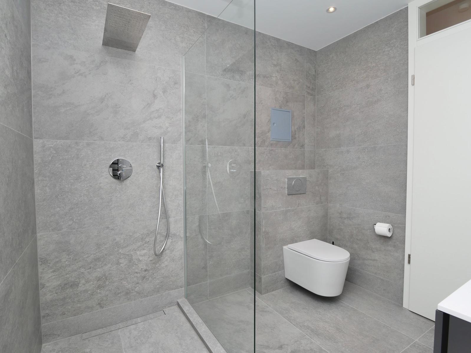 Dusche mit Regenduschkopf, Toilette und Glaswand in moderner Badezimmerausstattung.