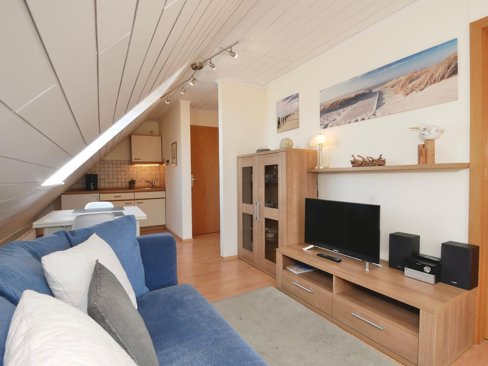 Wohnbereich mit Sofa, Fernseher und Küchenbereich unter Dachschrägen.