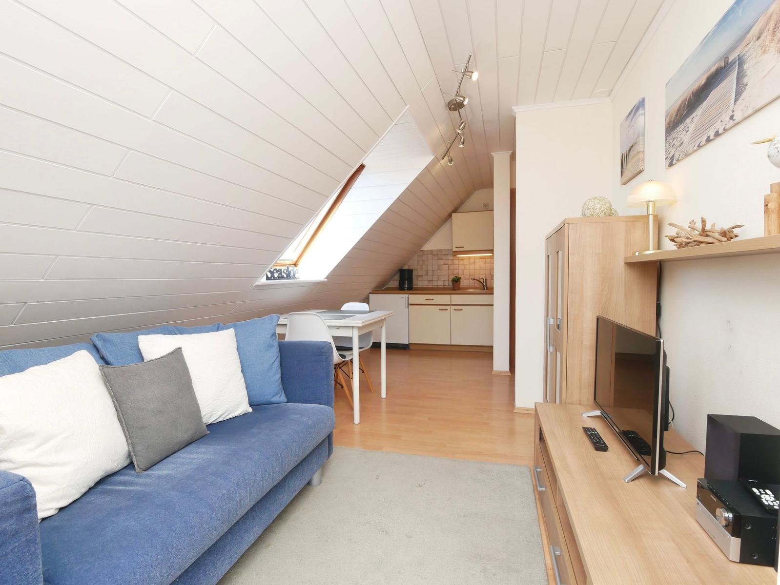 Wohnbereich mit Sofa, TV und Küchenbereich unter Dachschrägen.