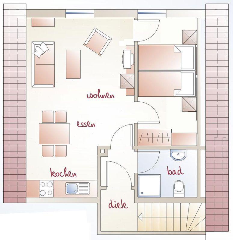 Wohnung mit Wohn- und Essbereich, Küche, Bad und Diele.