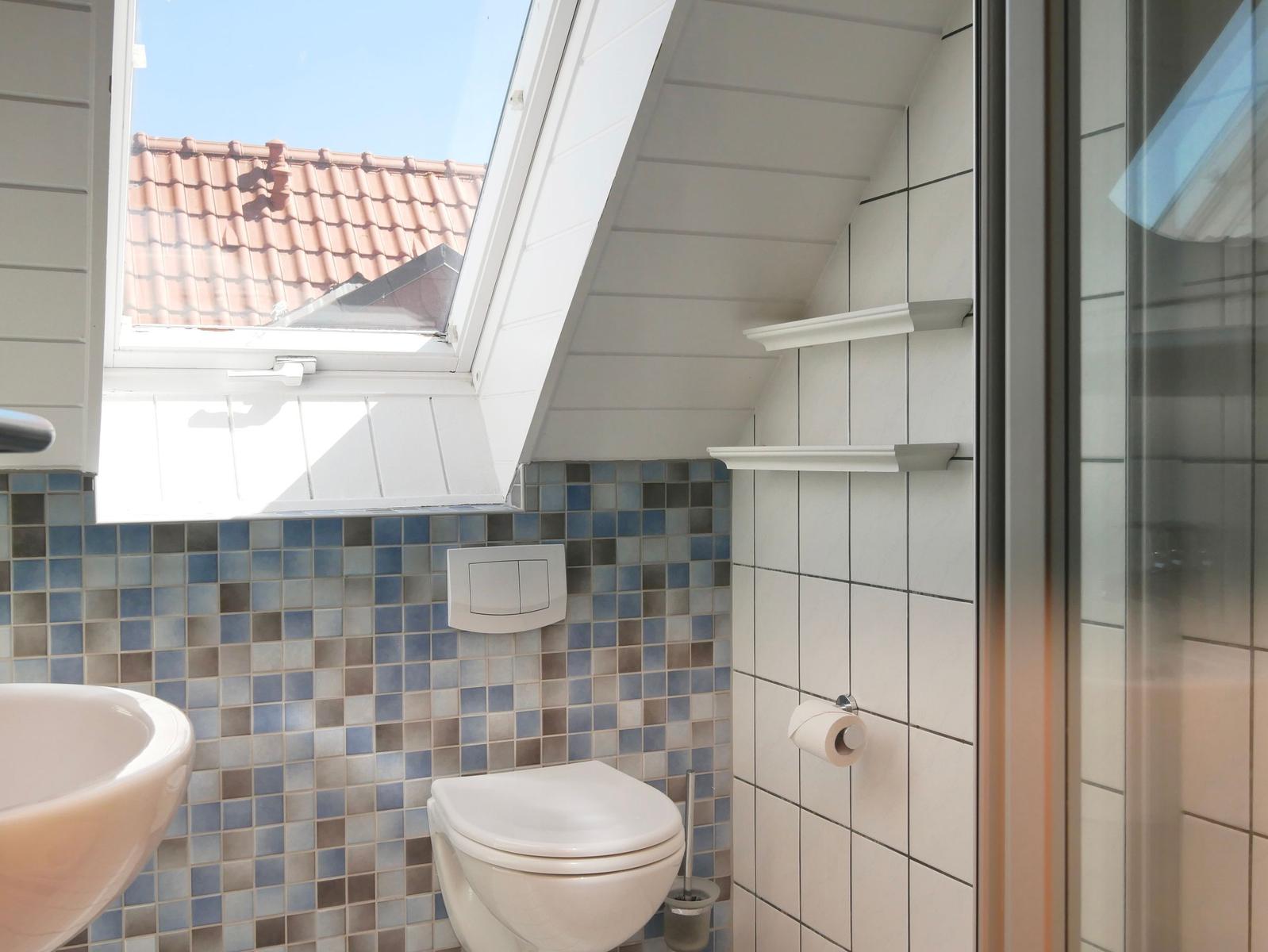 Badezimmer mit Dusche, Toilette und Fenster. Wand mit Mosaikfliesen.