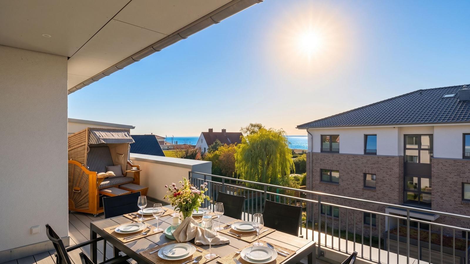 Terrasse mit Tisch, Stühlen und Strandkorb. Blick auf Meer und Gebäude.