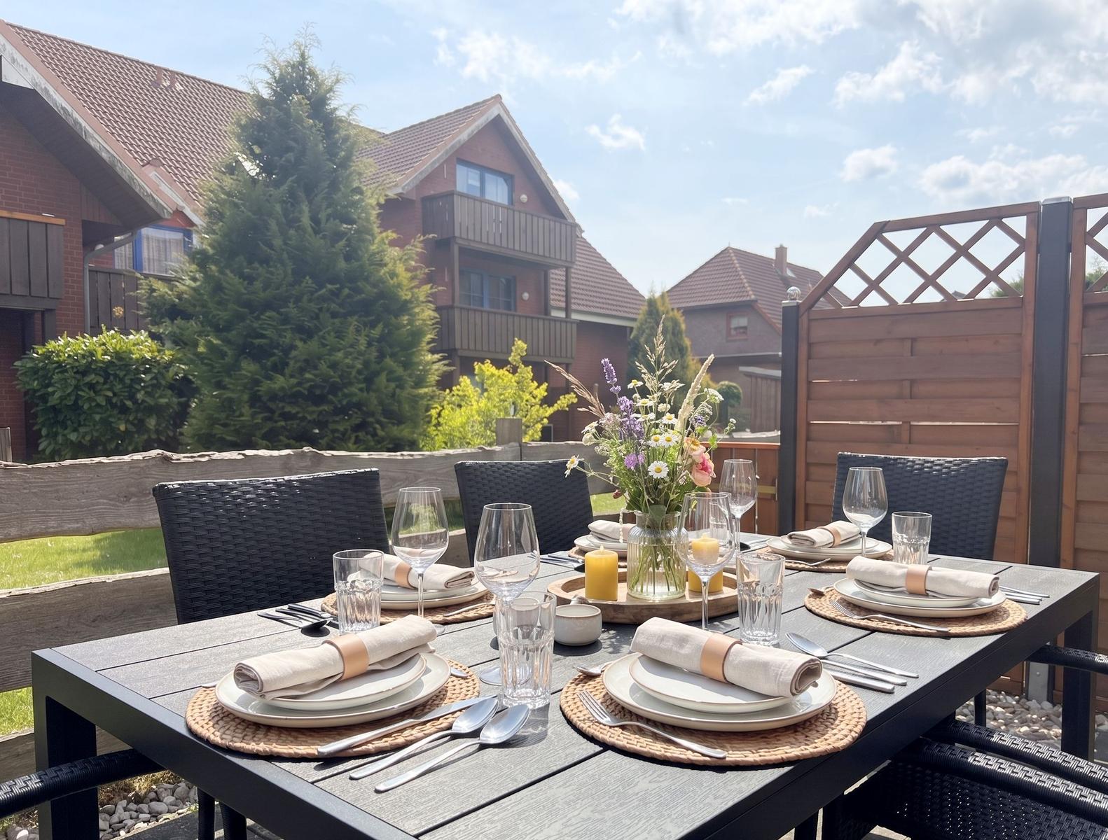 Gedeckter Terrassen-Tisch mit Stühlen, Blumen und Kerzen. Hintergrund: Garten und Wohnhäuser.