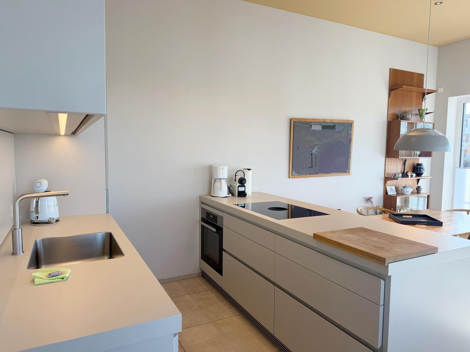 Moderne Küche mit Arbeitsplatte, Spüle und Kochfeld.