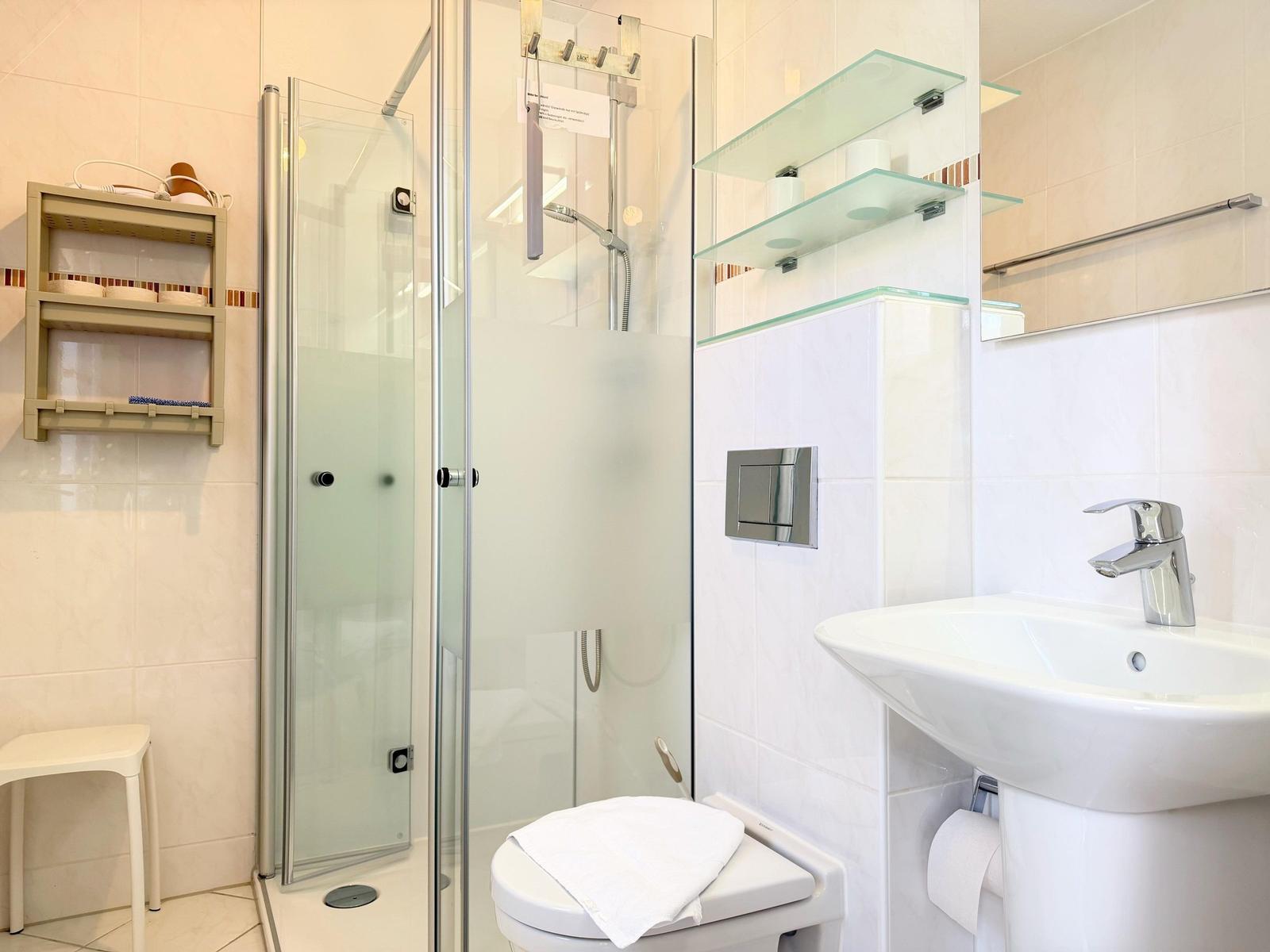 Badezimmer mit Dusche, Waschbecken und Toilette. Glasregale und Spiegel sichtbar.