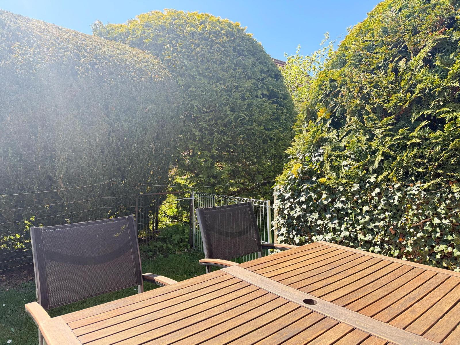 Terrasse mit Holztisch und zwei Stühlen, umgeben von hohen Hecken und grünem Beet.