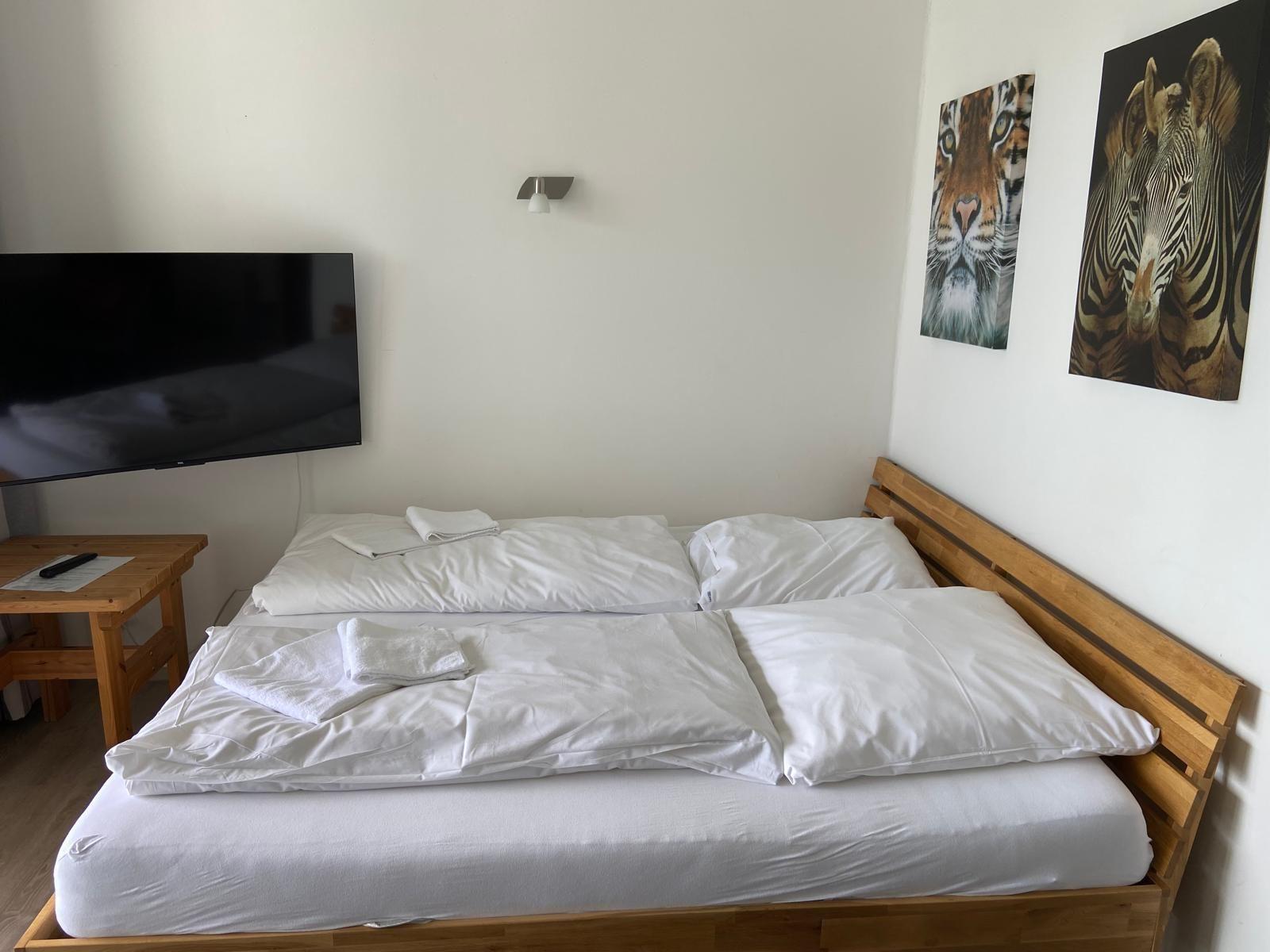 Schlafzimmer mit Doppelbett, Fernseher und Tierbildern an der Wand.