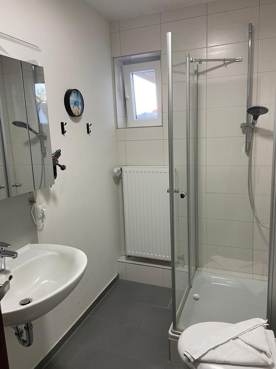 Bathroom with shower, sink, and toilet. Window and radiator visible.