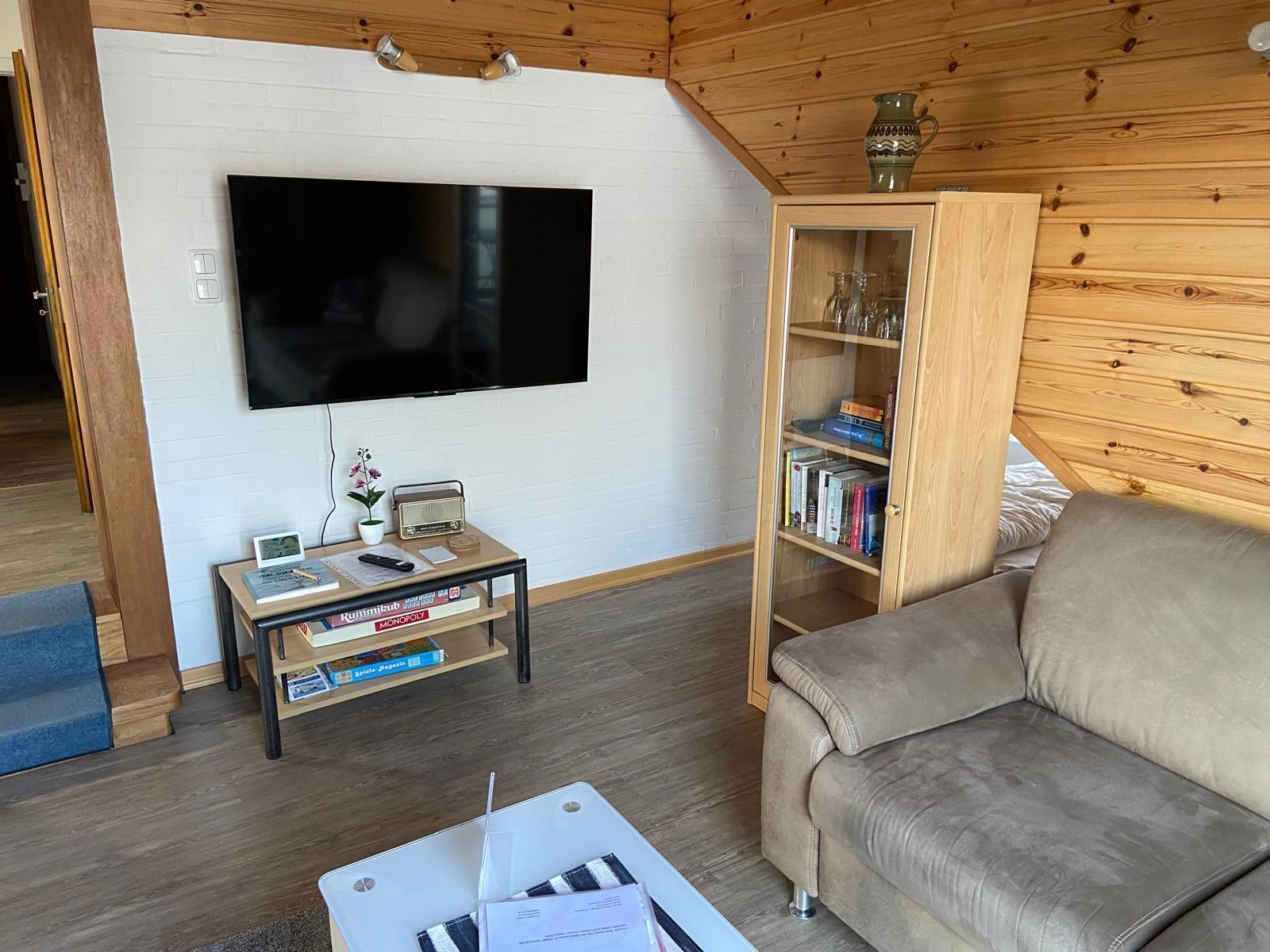 Living room with sofa, TV, and bookcase against wood wall.
