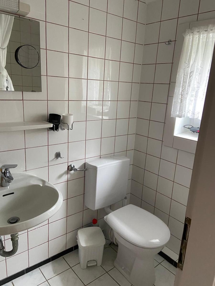 Badezimmer mit Toilette, Waschbecken und Spiegel an der Wand.