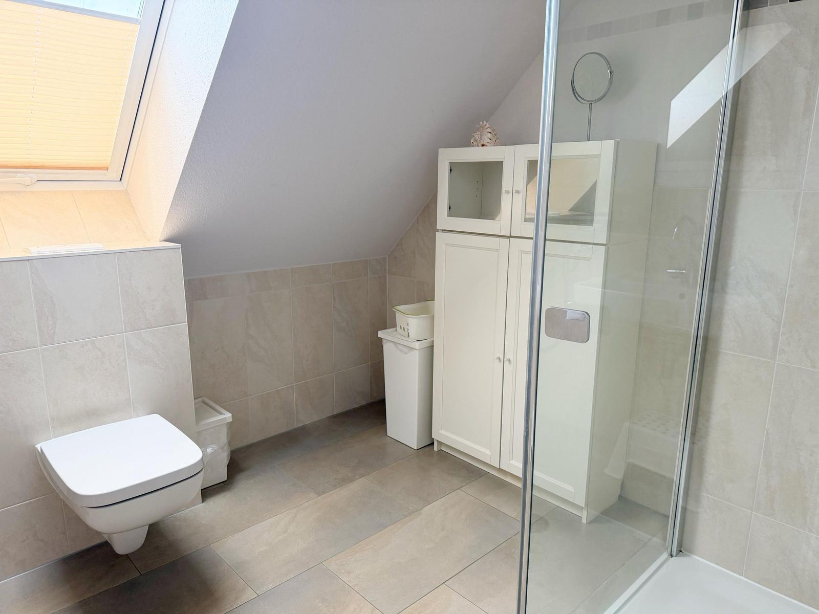 Badezimmer mit Dusche, WC und Schrank unter Dachschrägen.