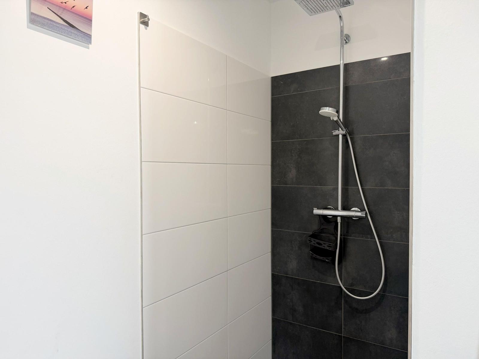 Dusche mit Duschbrause und Handbrause an grauen und weißen Fliesen.