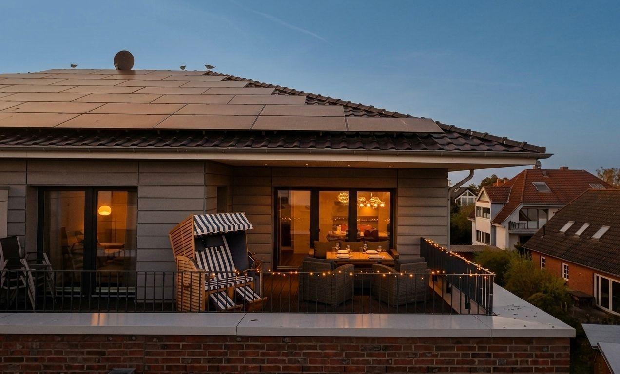 Terrasse mit Sitzgelegenheiten und Blick in das Haus. Dach mit Solarpaneelen und Satellitenschüssel.