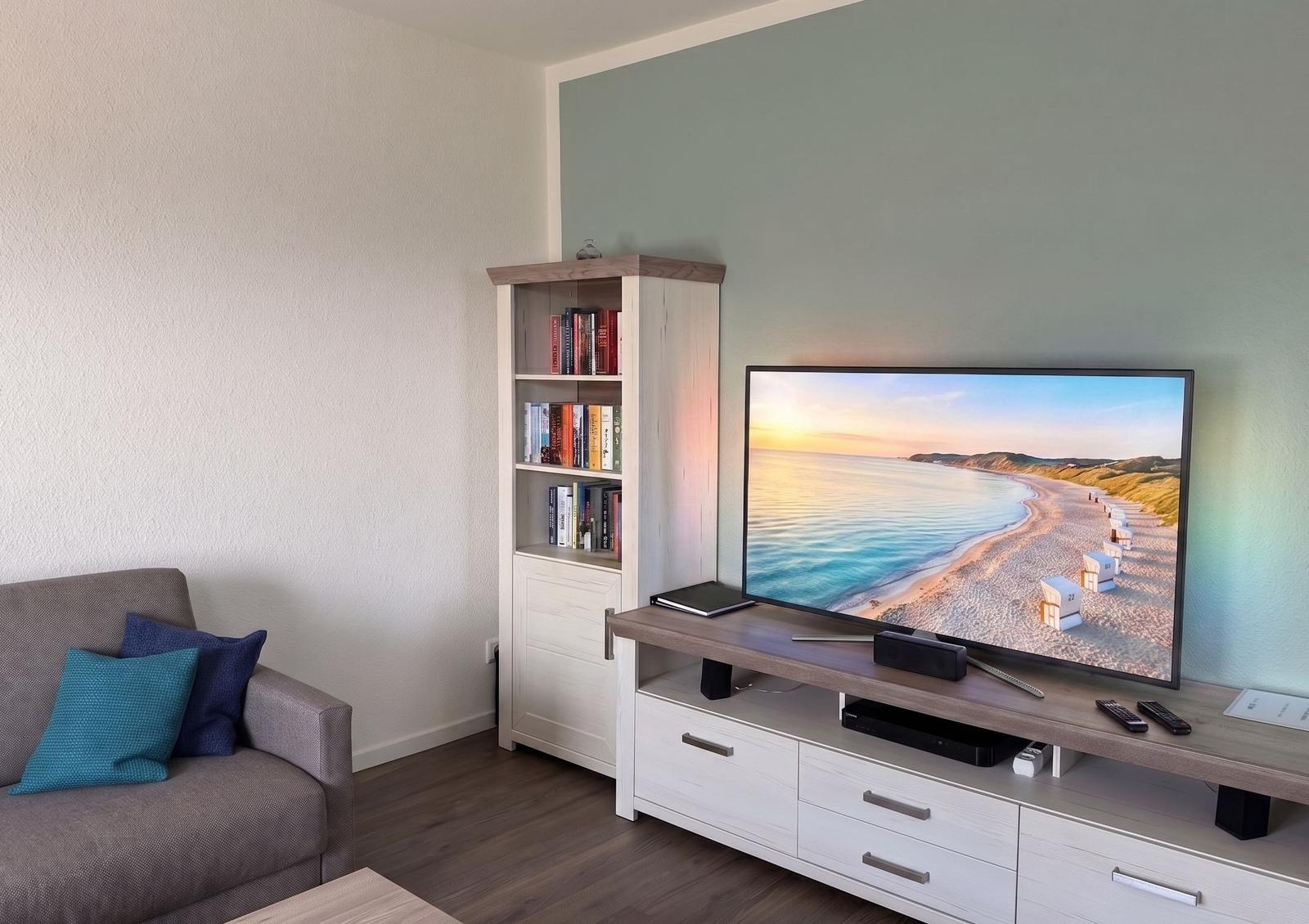 Ein Wohnzimmer mit Sofa, Bücherregal und Fernseher auf einem Sideboard.
