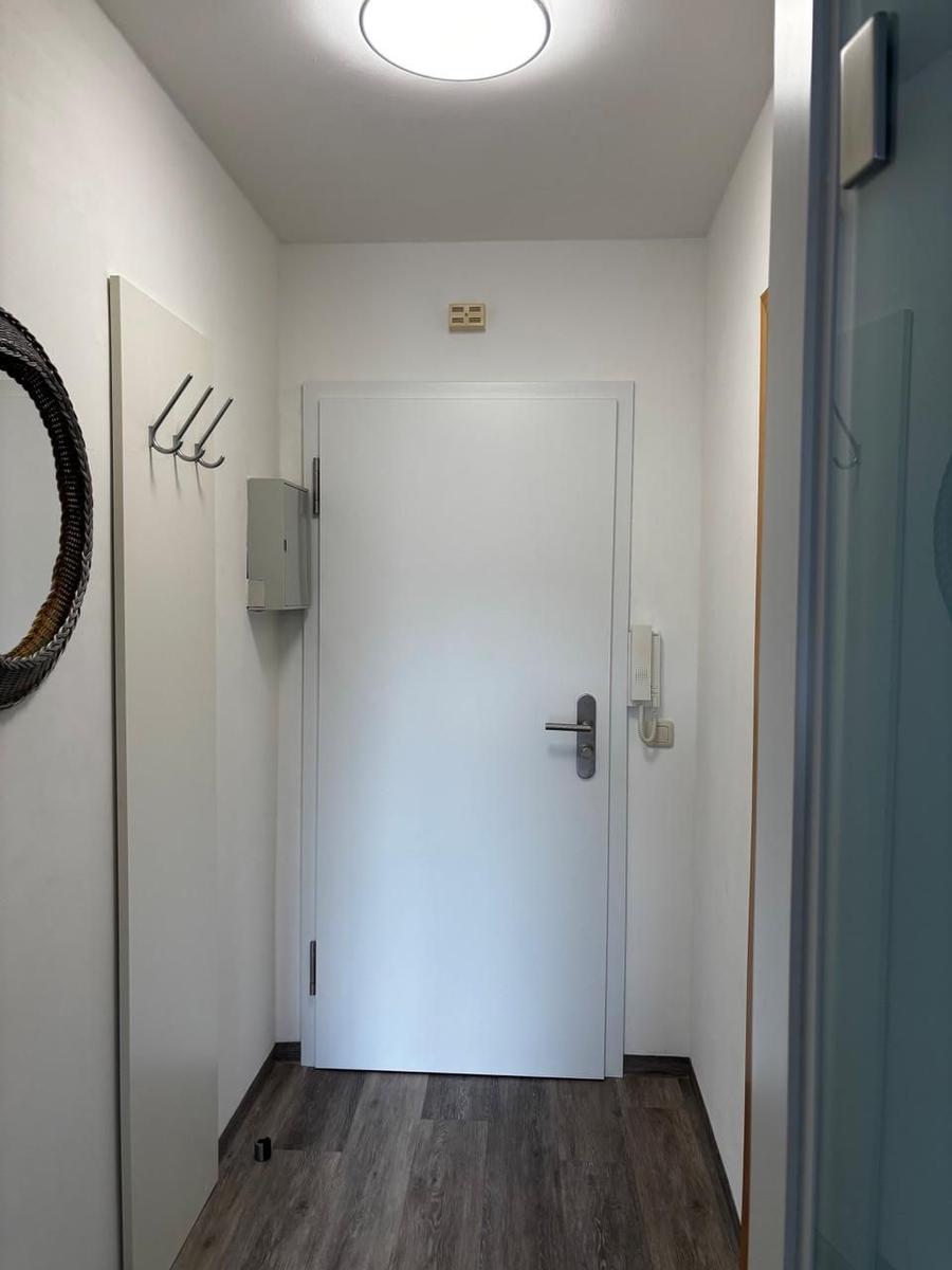 Hallenflur mit weiße Tür, Haken und Holzboden