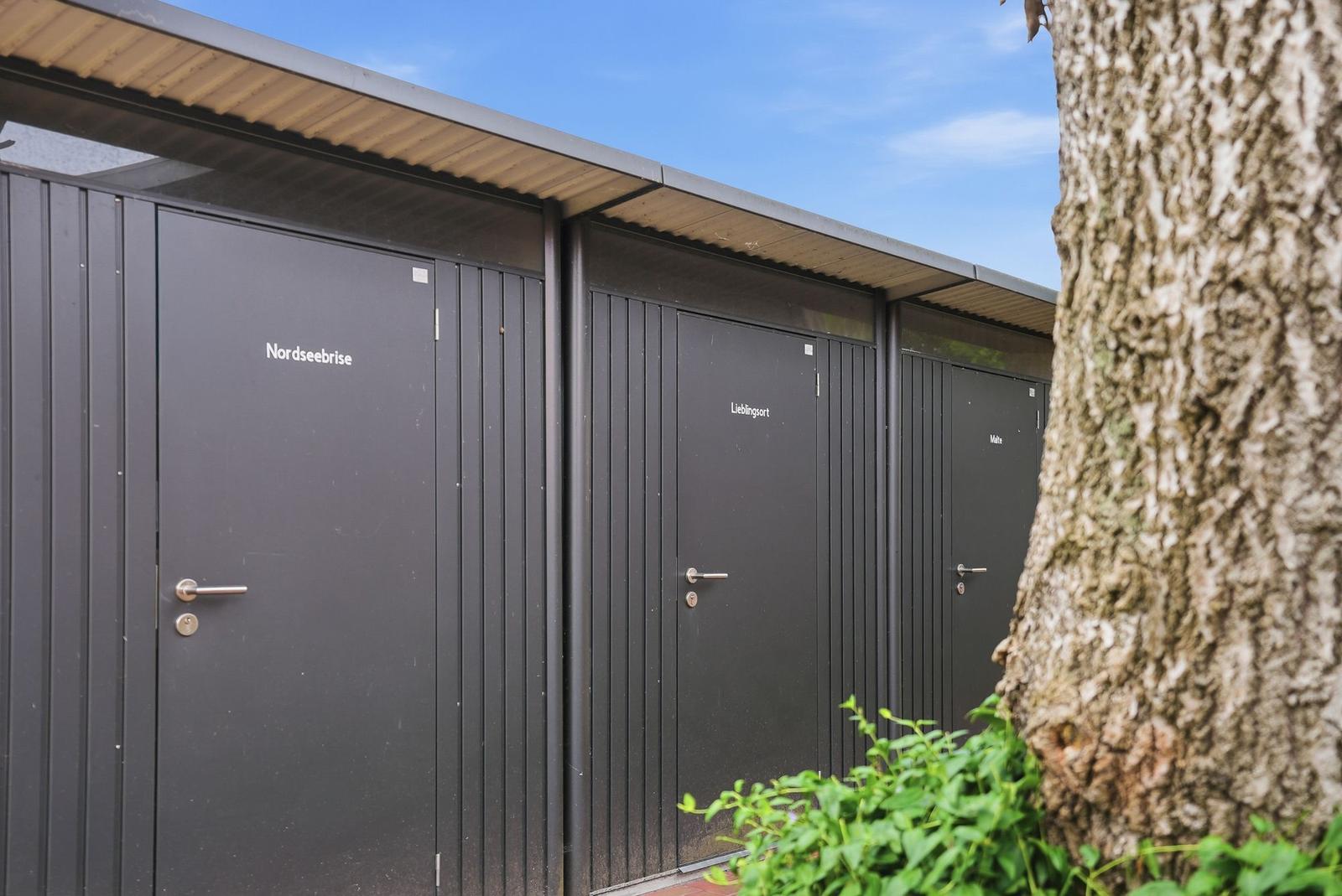Drei dunkle Metallcontainer mit Tür und Beschriftung unter einem Dach. Links ein großer Baumstamm.