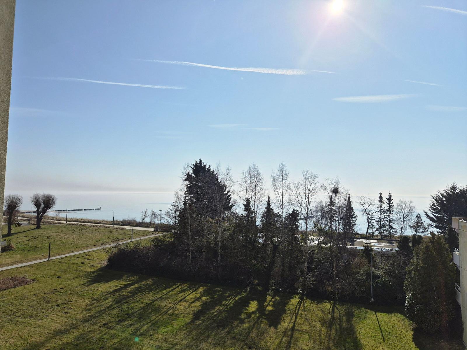 Panoramablick auf einen See mit Bäumen und einem Steg im Hintergrund.