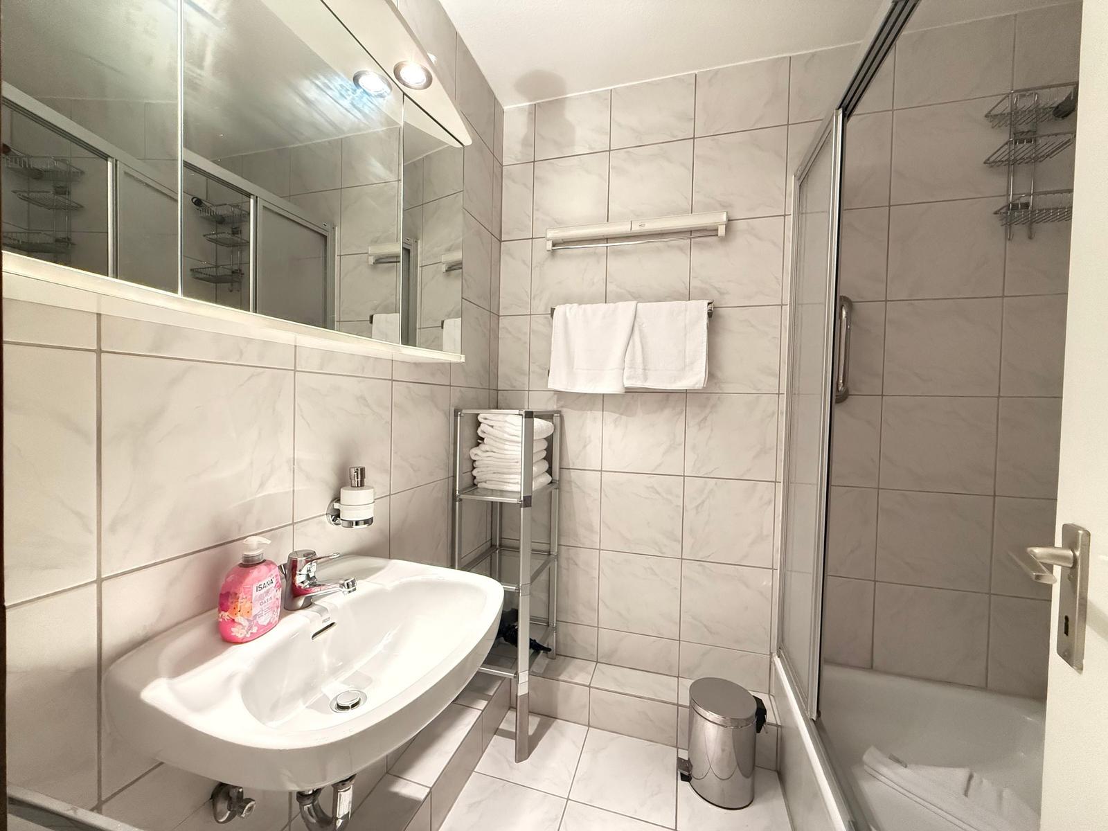 Badezimmer mit Waschbecken, Spiegel, Dusche und Handtüchern.