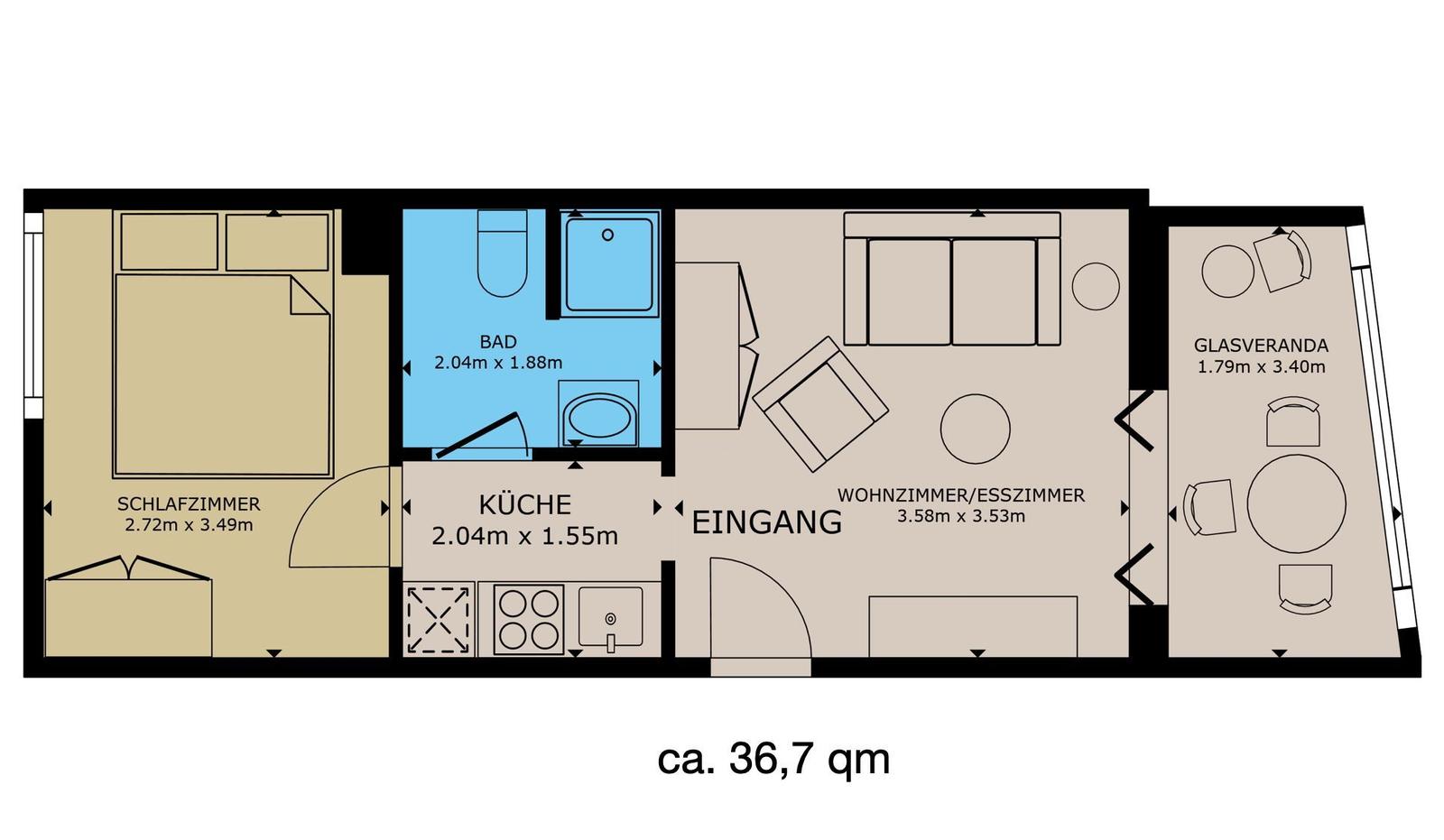 Wohnung mit Schlafzimmer, Küche, Bad, Wohnzimmer und Glasveranda. Fläche ca. 36,7 qm.