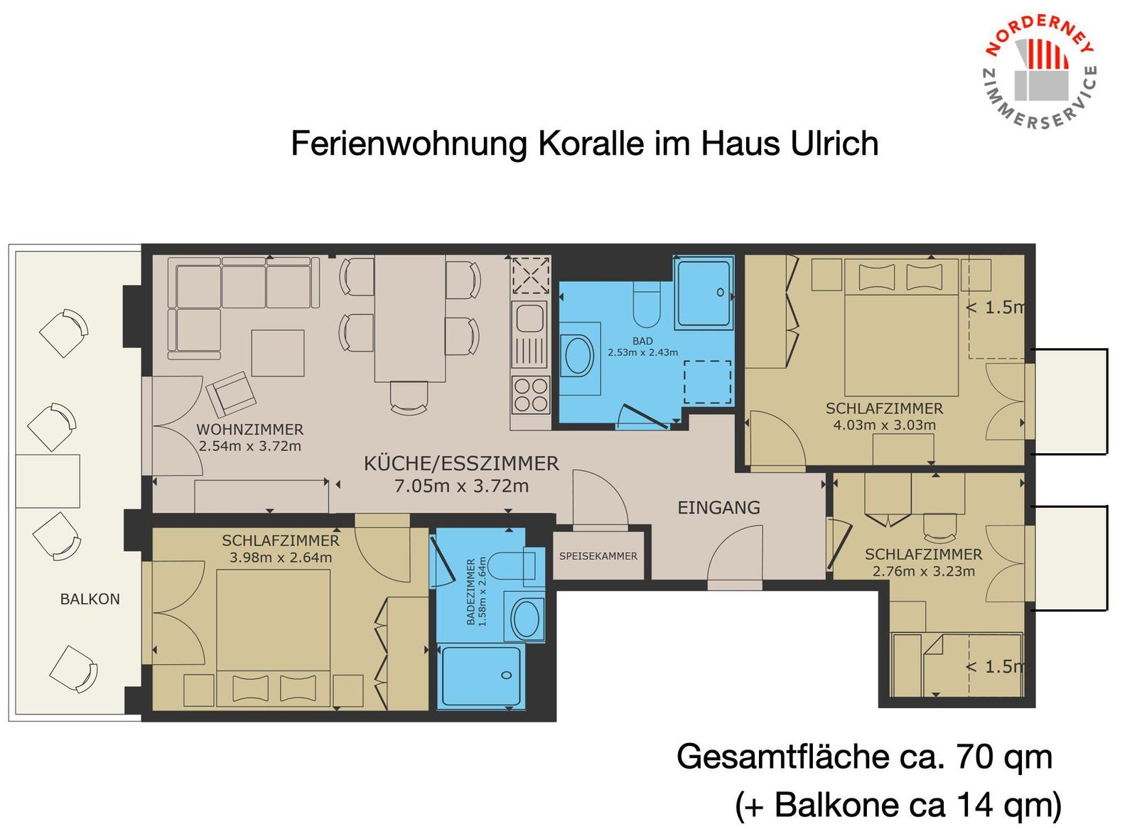 Ferienwohnung mit drei Schlafzimmern, Küche, Bad und Balkon. Gesamtfläche ca. 70 qm.
