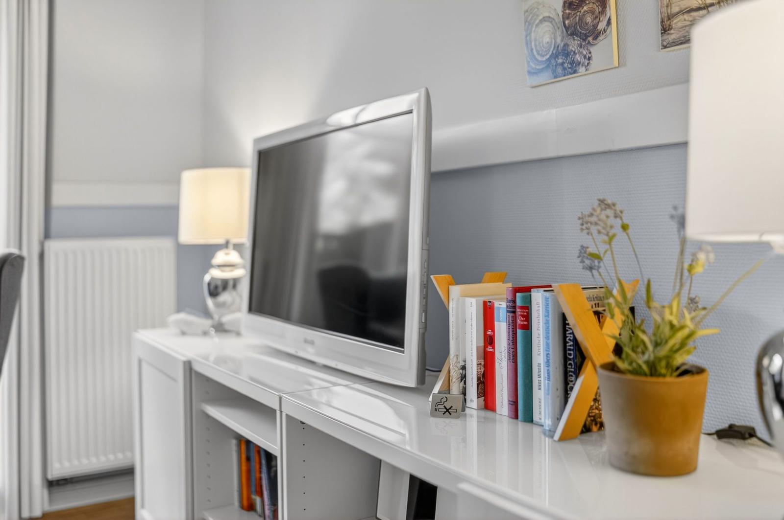 TV auf weißem Sideboard mit Büchern und Pflanze. Wand mit Bildern und Heizung.