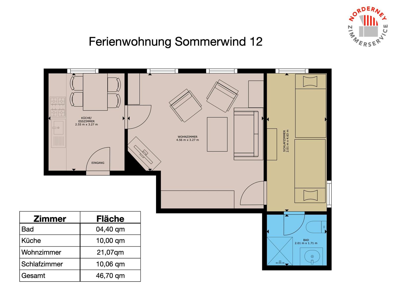 Ferienwohnung mit Küche, Wohnzimmer, Schlafzimmer und Bad. Flächenangaben sind eingezeichnet.