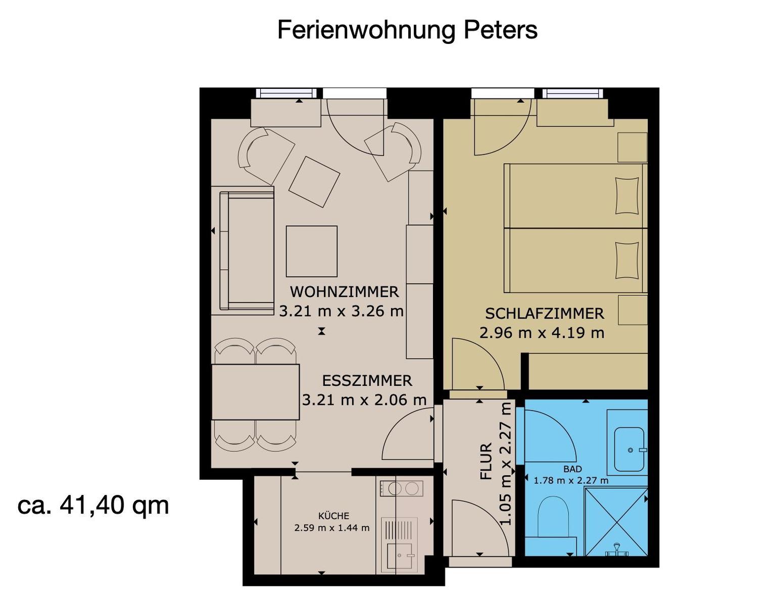 Ferienwohnung mit Wohn-, Ess- und Schlafzimmer, Küche und Bad. Fläche ca. 41,40 qm.