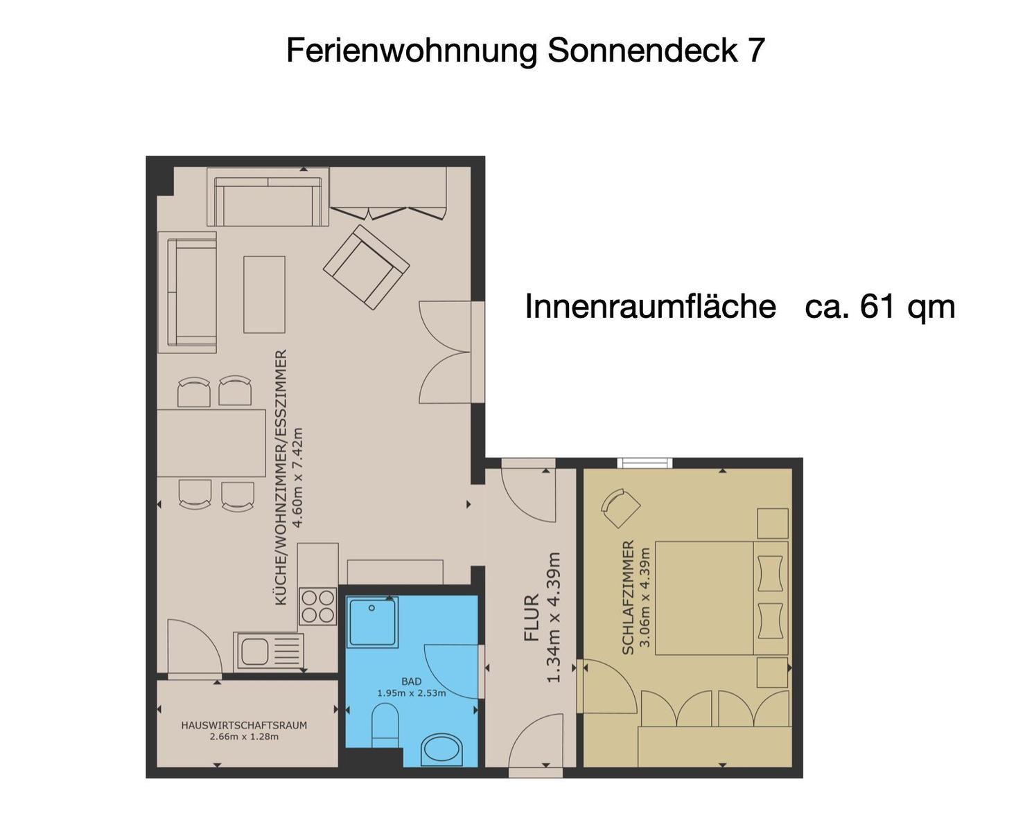 Ferienwohnung Sonnendeck 7 mit 61 qm Innenraumfläche und Schlafzimmer.