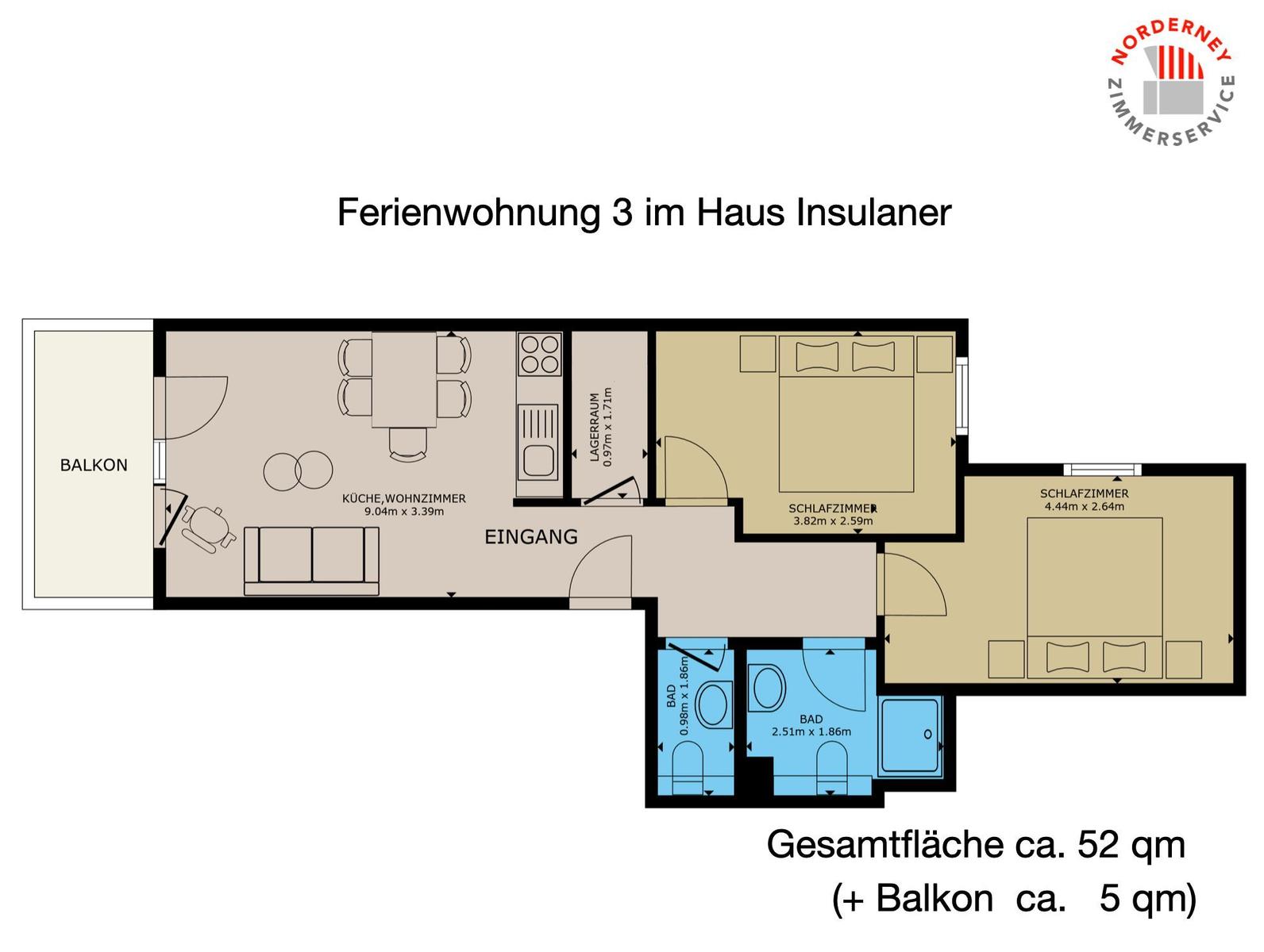 Ferienwohnung mit Küche, Schlafzimmer, Bad und Balkon. Gesamtfläche ca. 52 qm.