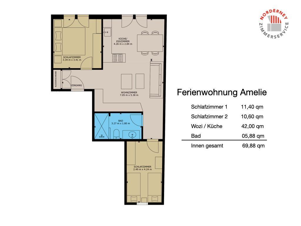 Ferienwohnung Amelie mit drei Schlafzimmern, Wohnküche und Bad. Gesamtfläche 69,88 qm.