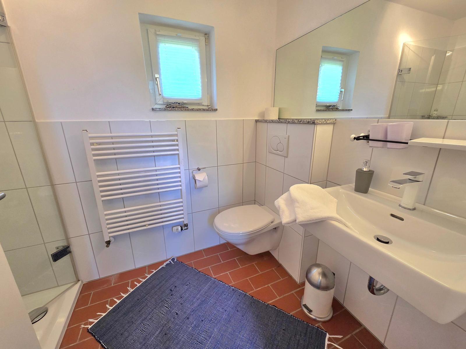 Badezimmer mit Dusche, Toilette, Waschbecken und Heizkörper