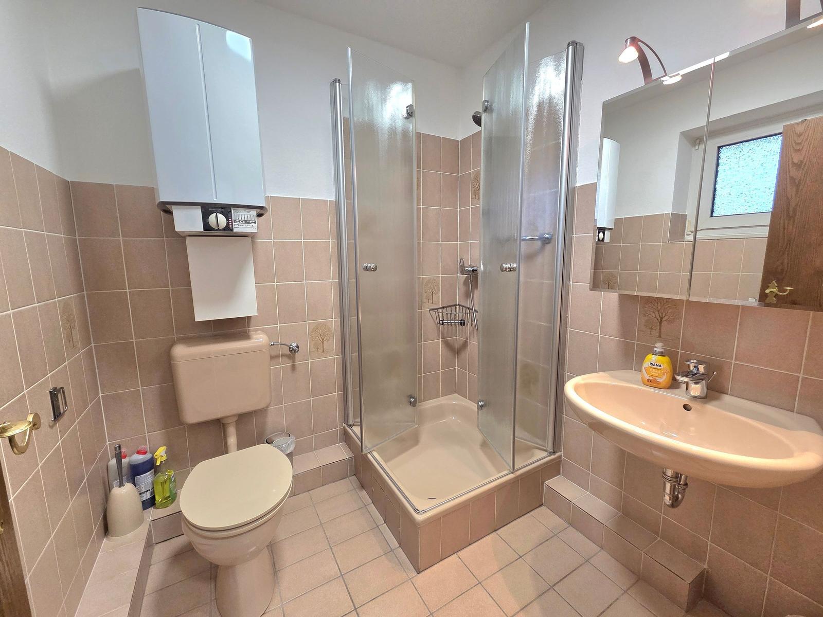 Badezimmer mit Dusche, Waschbecken und Toilette. Wandfliesen und Spiegel sichtbar.