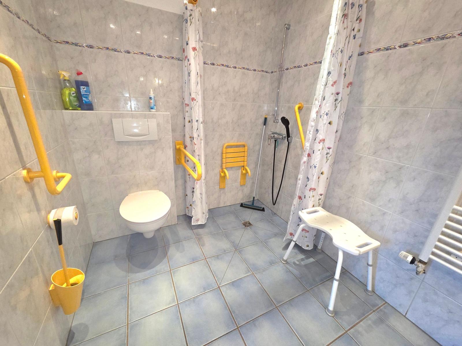 Barrierefreie Dusche mit Sitz, Duschbrause und Geländer