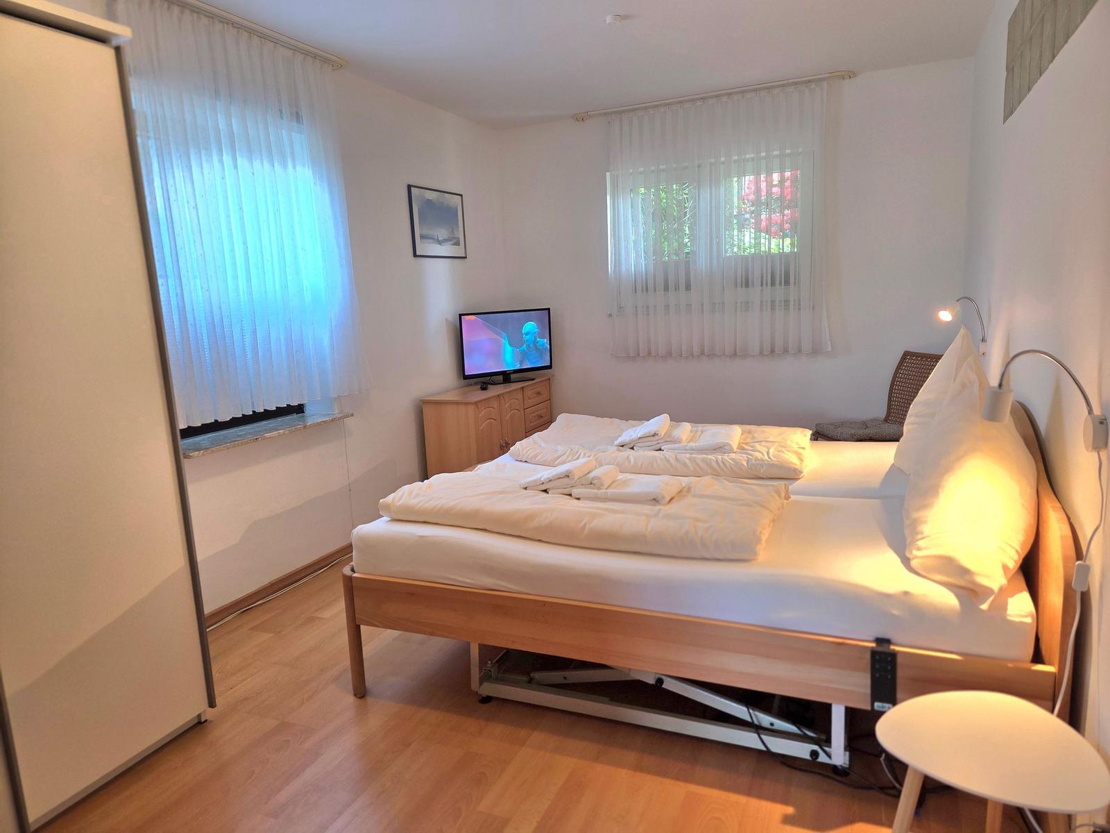 Bedroom with bed, TV, and windows.