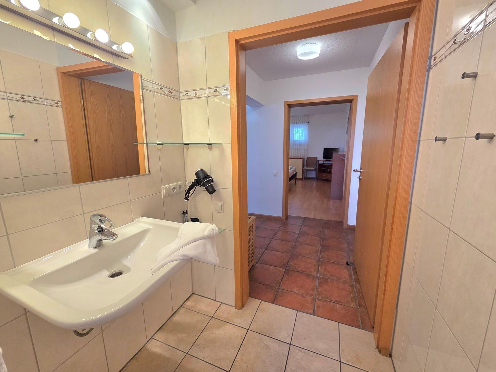 Bathroom with sink, mirror, and hairdryer. Corridor to bedroom.