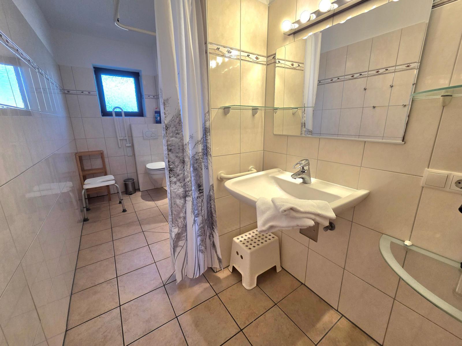 Bathroom with shower, sink, and toilet. Equipped for wheelchair access.
